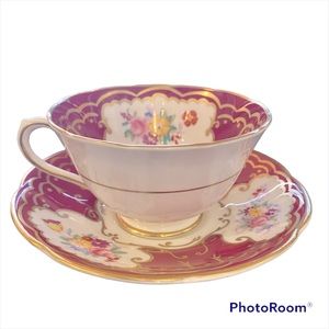 Vintage Collinswoods Fine Bone China Tea Cup Saucer Set England Gold Red Floral